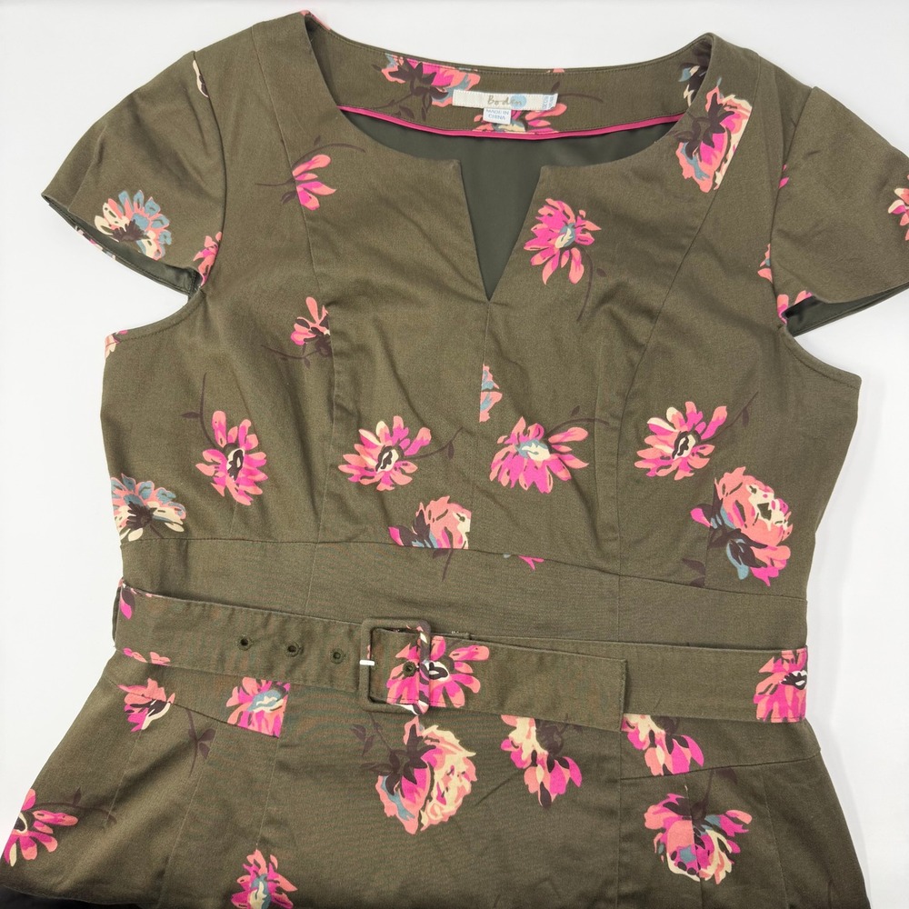 Boden Women Olive Green Pink Floral Belted Sheath Dress Size 8‎